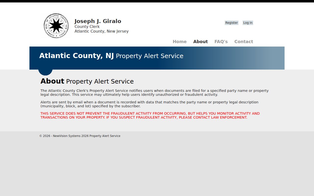 Atlantic neighbor lookup showing Atlantic County Property Alert monitoring information