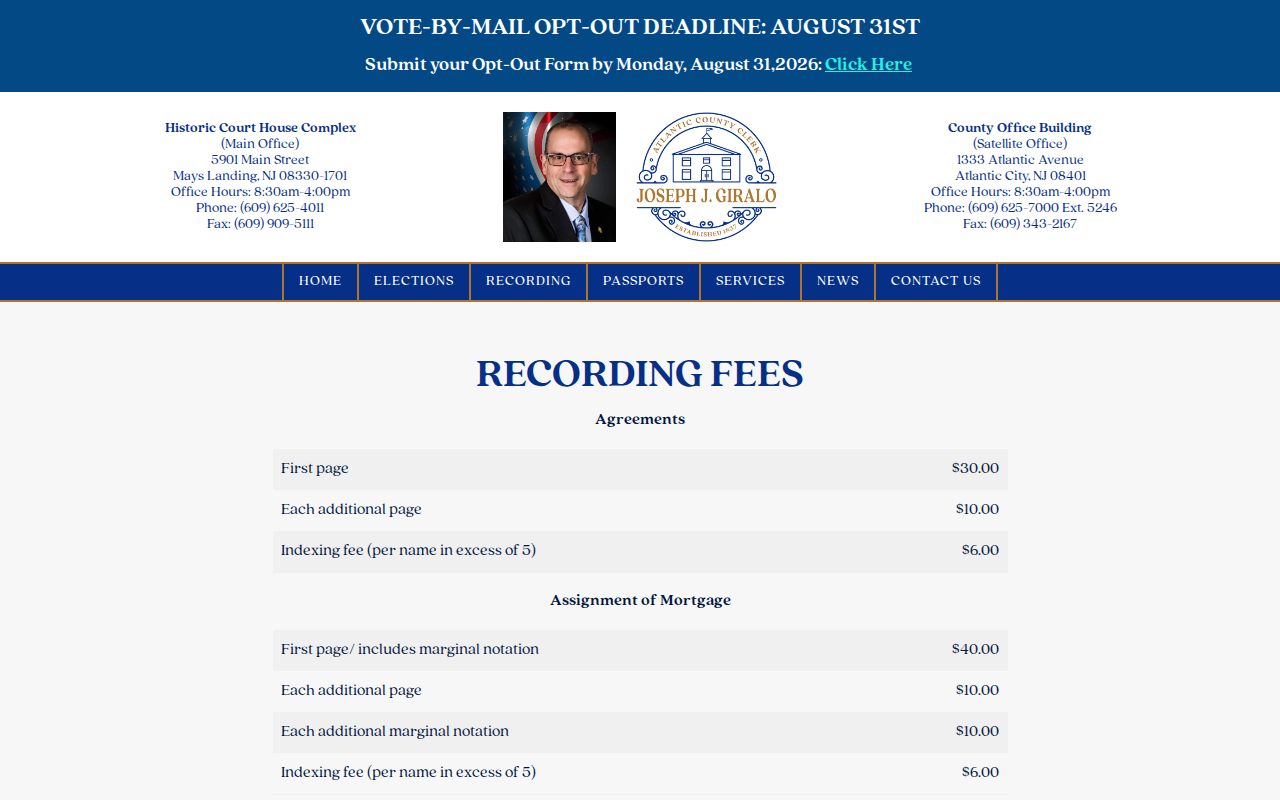 Atlantic street directory research using the Atlantic County Clerk recording fee schedule